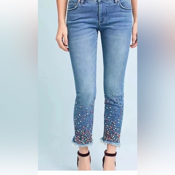 Anthropologie Pilcro Mid-Rise Slim Straight Jeans Sz 27 Embellished Jeweled Boho - Picture 1 of 16
